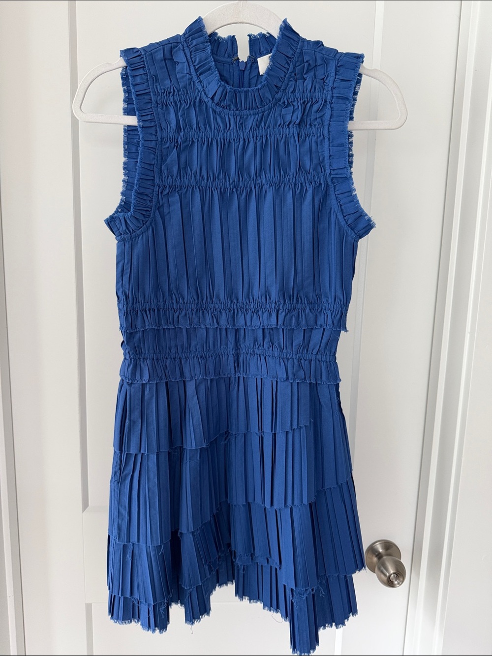 Sea New York Grier pleated mini dress size XS blue, fitted bodice, pockets